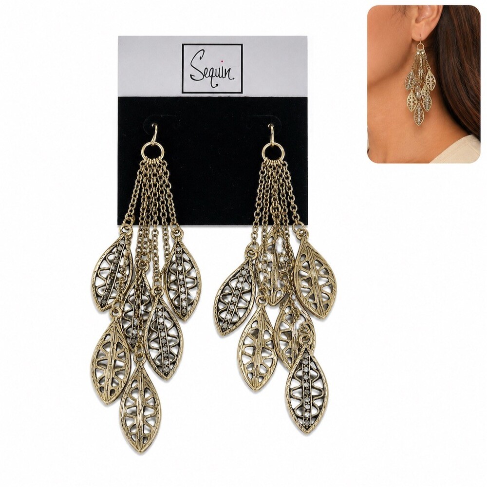$68 Sequin Nordstrom Leaf Filigree Tassel Chain Fringe Dangle Earrings Gold gift